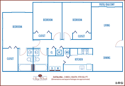 Floor plan for 3 beds, 2 baths, 1170 sqft